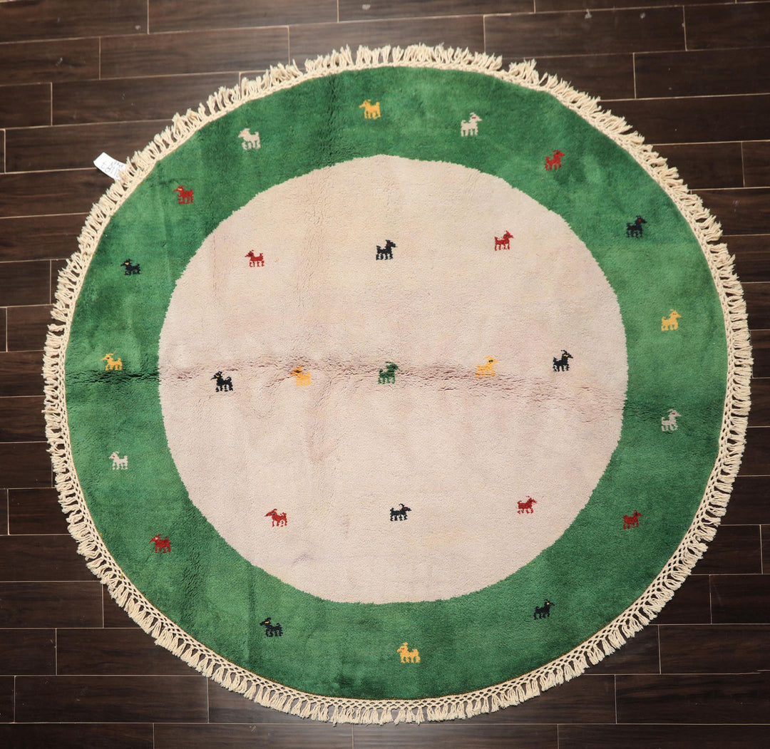 Round Faded Lavender, Green, Gold Color Hand Knotted Gabbeh Wool Modern & Contemporary Oriental Rug