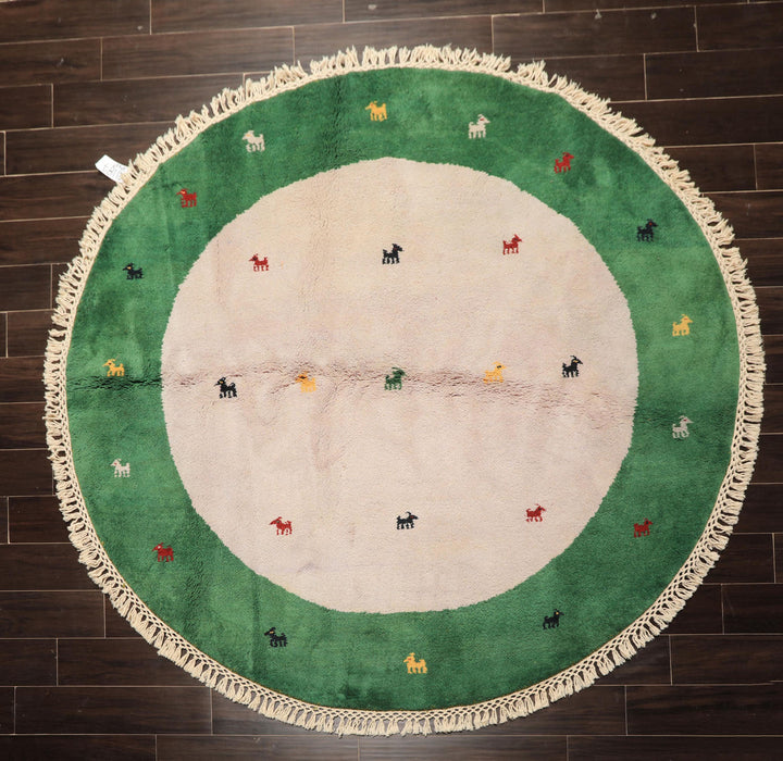 Round Faded Lavender, Green, Gold Color Hand Knotted Gabbeh Wool Modern &amp; Contemporary Oriental Rug