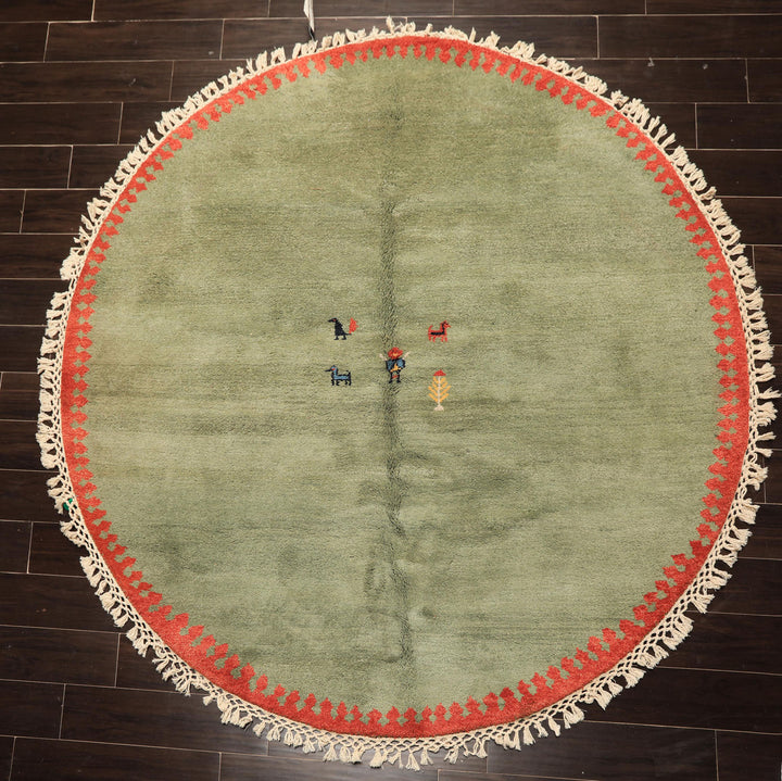 Round Sage, Coral, Burnt Orange Color Hand Knotted Gabbeh Wool Modern &amp; Contemporary Oriental Rug