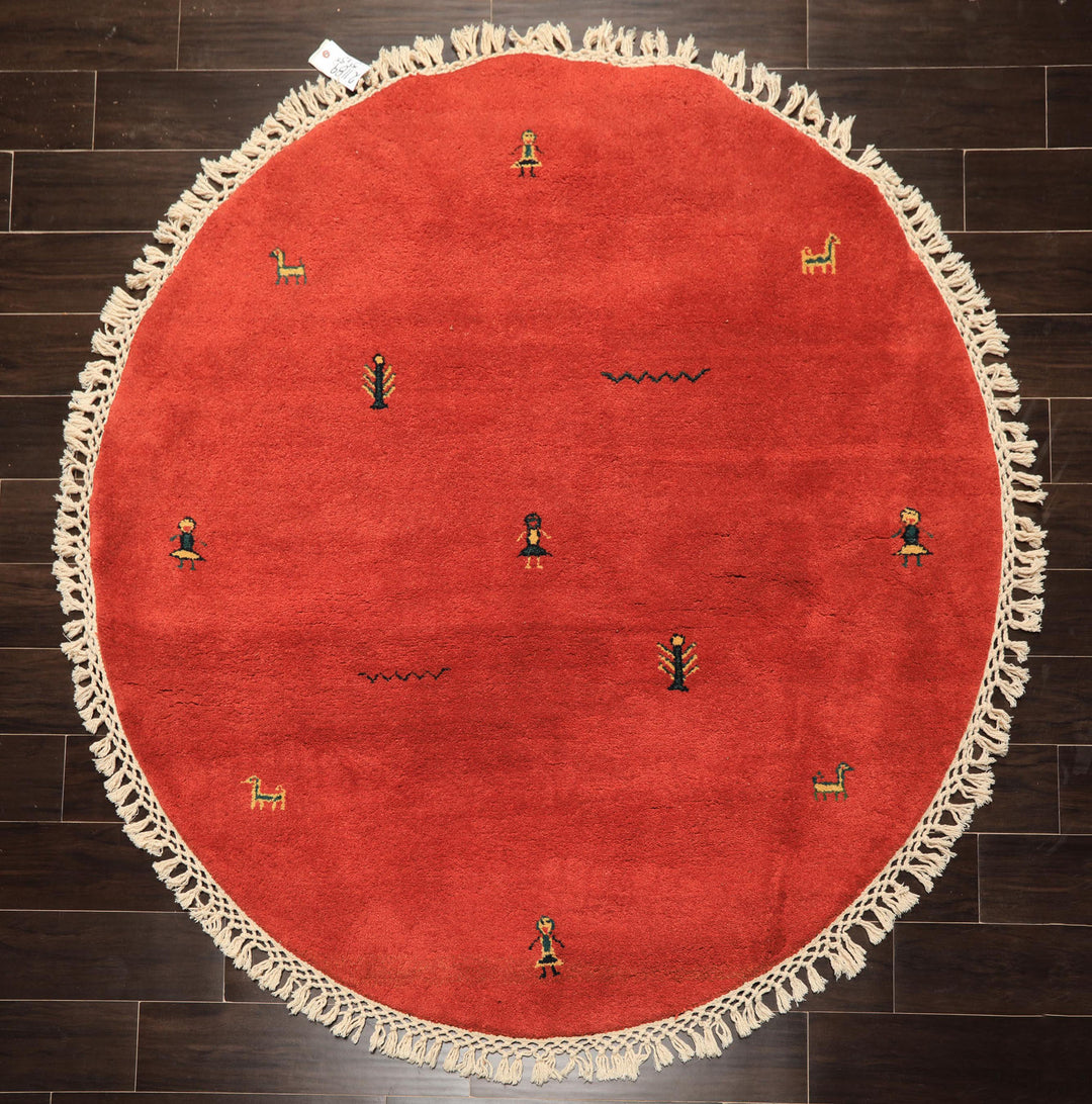 Round Coral, Gold, Black Color Hand Knotted Gabbeh Wool Modern & Contemporary Oriental Rug