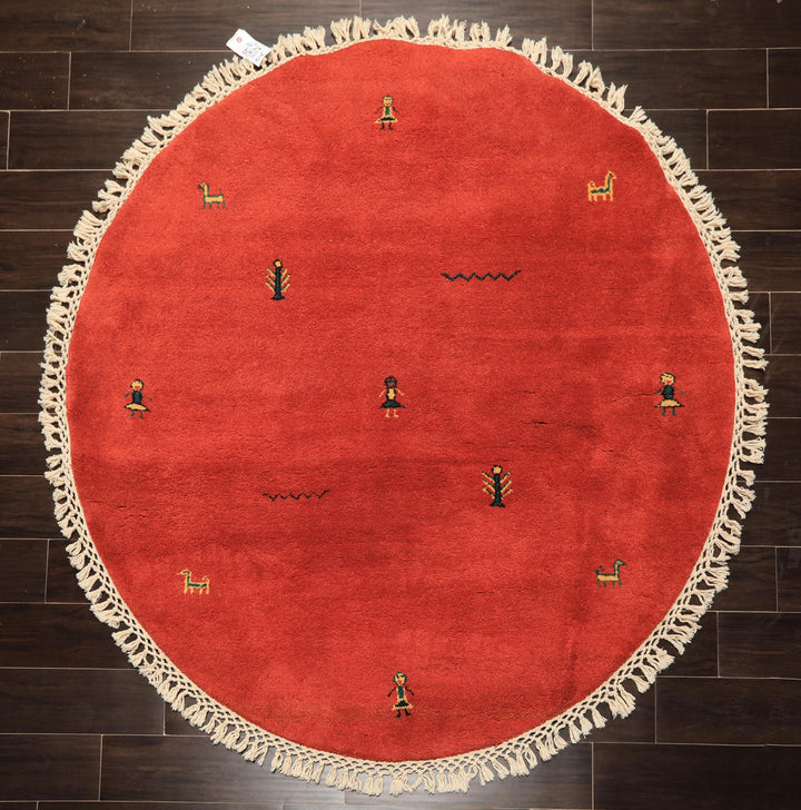 Round Coral, Gold, Black Color Hand Knotted Gabbeh Wool Modern &amp; Contemporary Oriental Rug