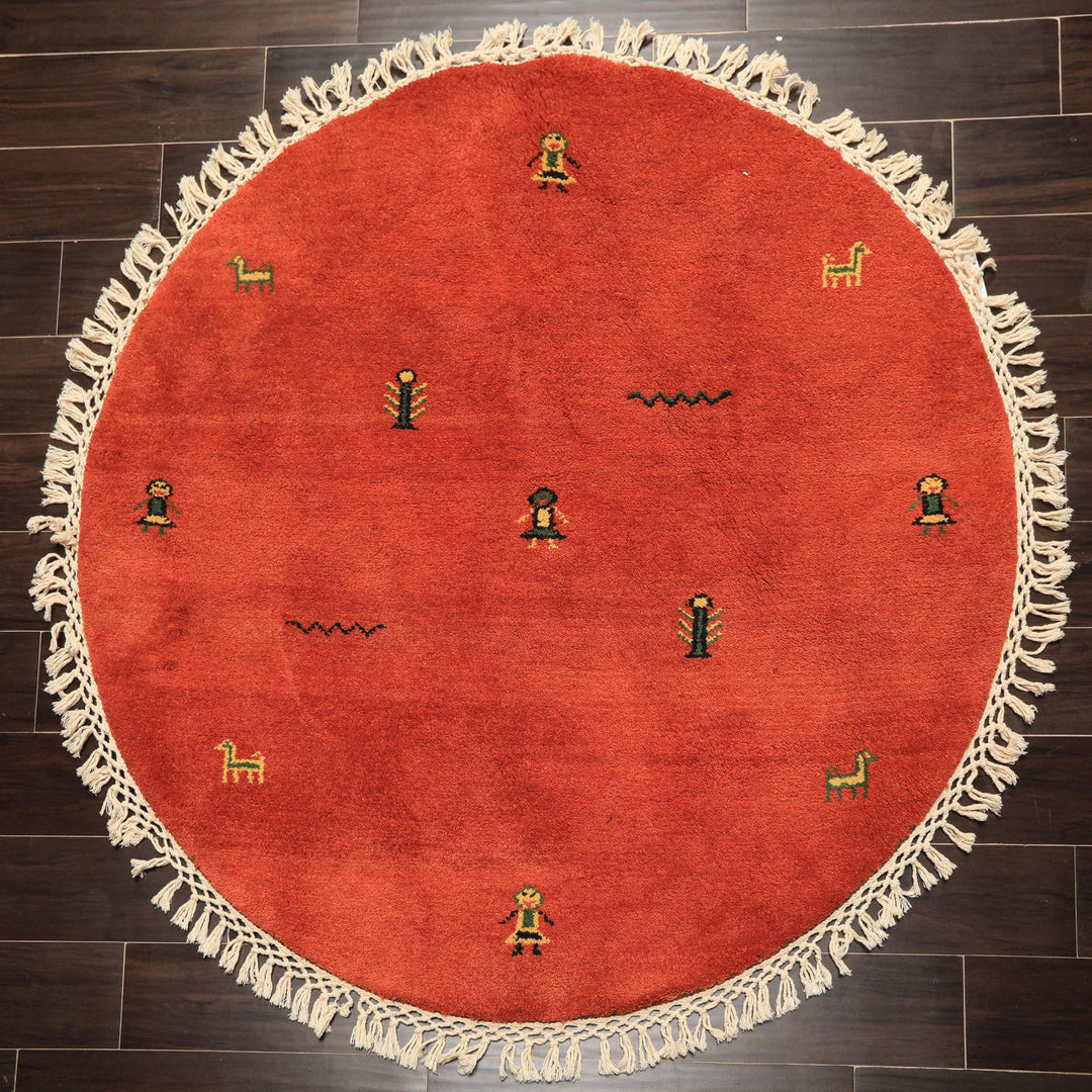 Round Burnt Orange, Gold, Green Color Hand Knotted Gabbeh Wool Modern & Contemporary Oriental Rug