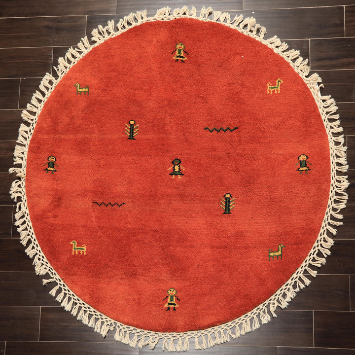 Round Burnt Orange, Gold, Green Color Hand Knotted Gabbeh Wool Modern &amp; Contemporary Oriental Rug
