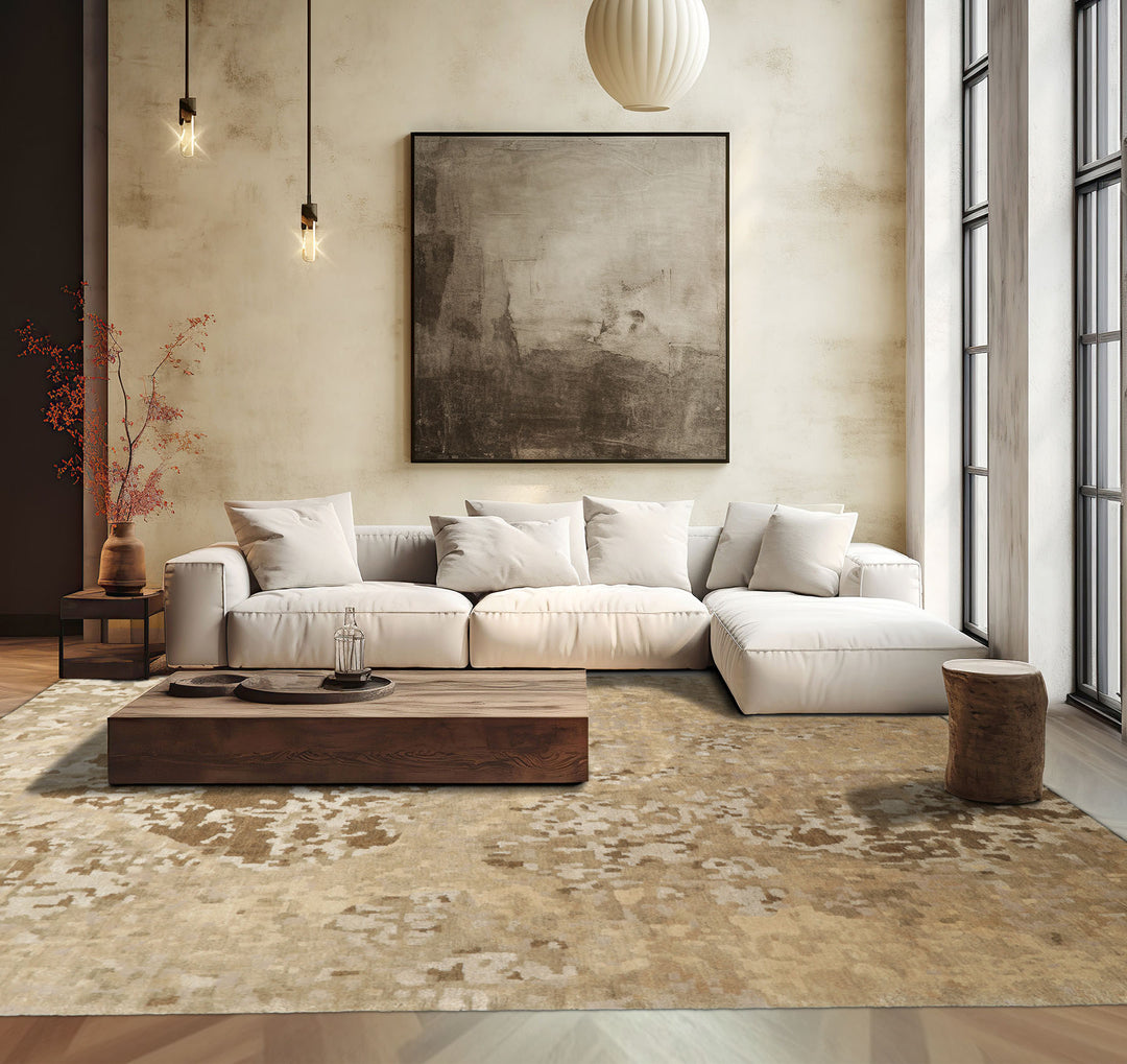 6x9 Beige, Brown, Gray Color Hand Knotted Tibetan Wool & Silk Modern & Contemporary Oriental Rug