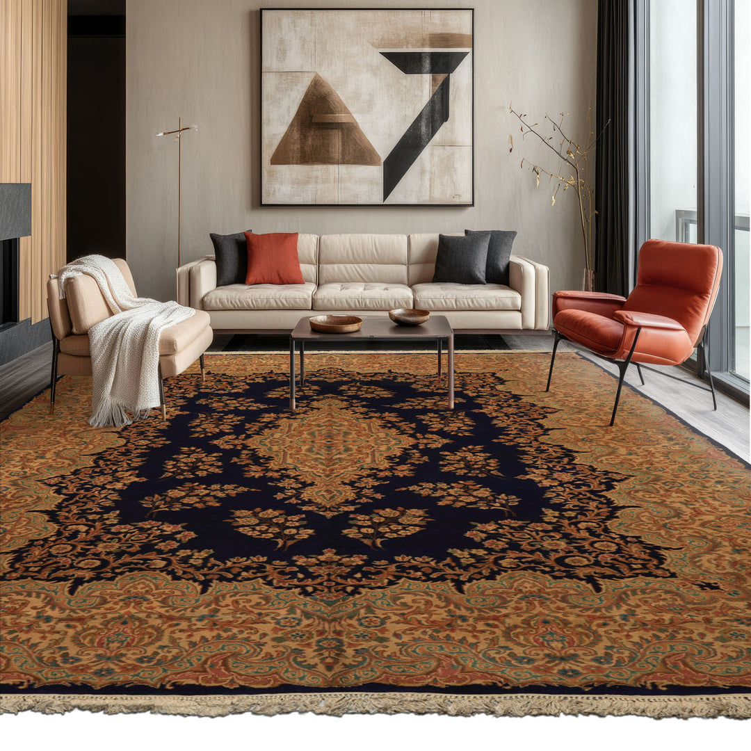 9x12 Navy, Gold, Turquoise Color Hand Knotted Kerman Wool Traditional Oriental Rug