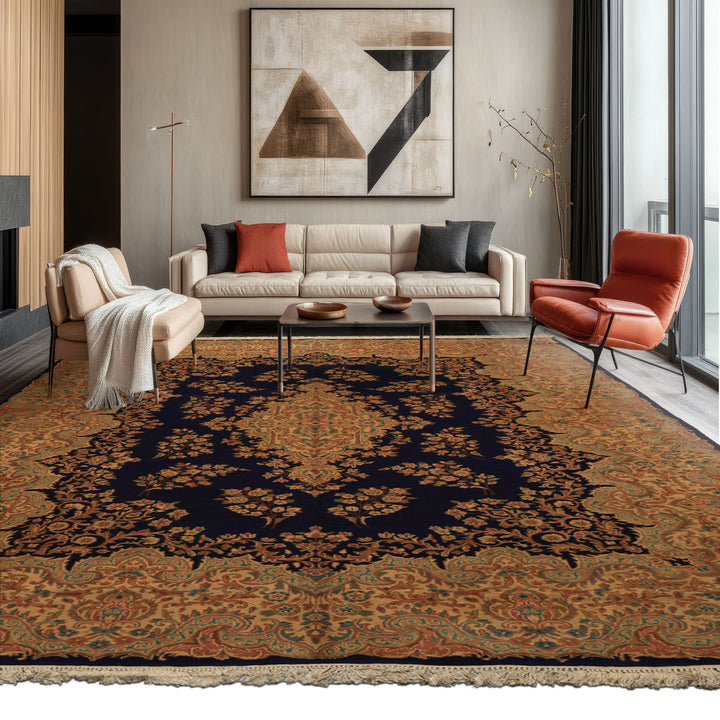 9x12 Navy, Gold, Turquoise Color Hand Knotted Kerman Wool Traditional Oriental Rug