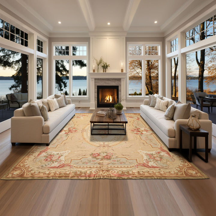 8x10 Tan, Ivory, Green Color Hand Woven French Aubusson Needlepoint Wool Traditional Oriental Rug