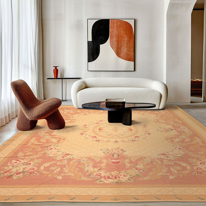 8x10 Light Gold, Blush, Rust Color Hand Woven French Aubusson Needlepoint Wool Traditional Oriental Rug