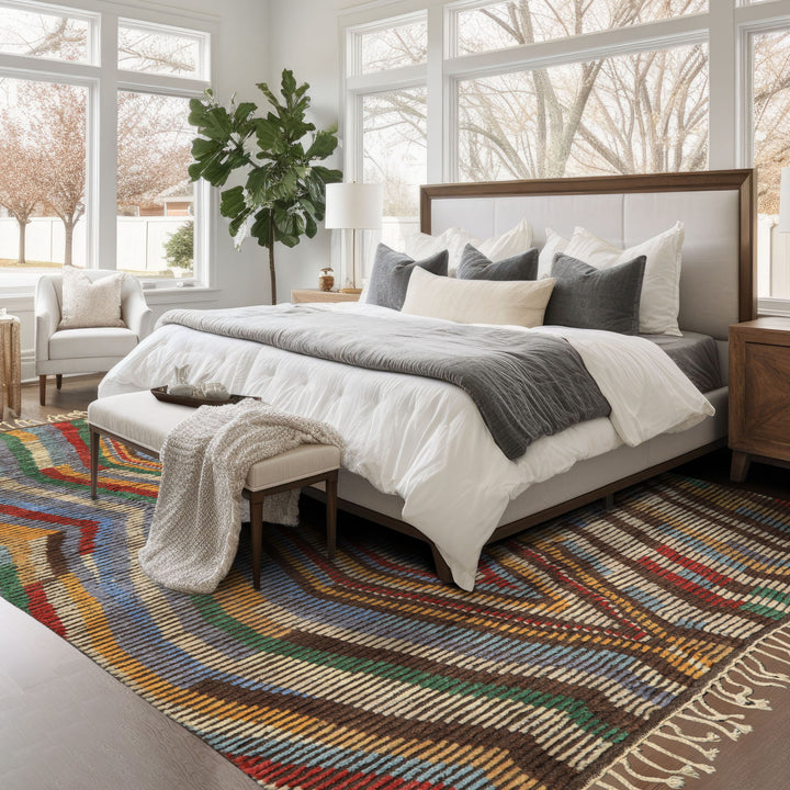 8x10 Ivory, Gold, Brown Color Hand Knotted Moroccan Wool Modern & Contemporary Oriental Rug