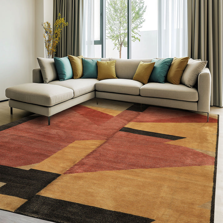 6x9 Rust, Gold, Charcoal Color Hand Knotted Tibetan Wool & Silk Modern & Contemporary Oriental Rug