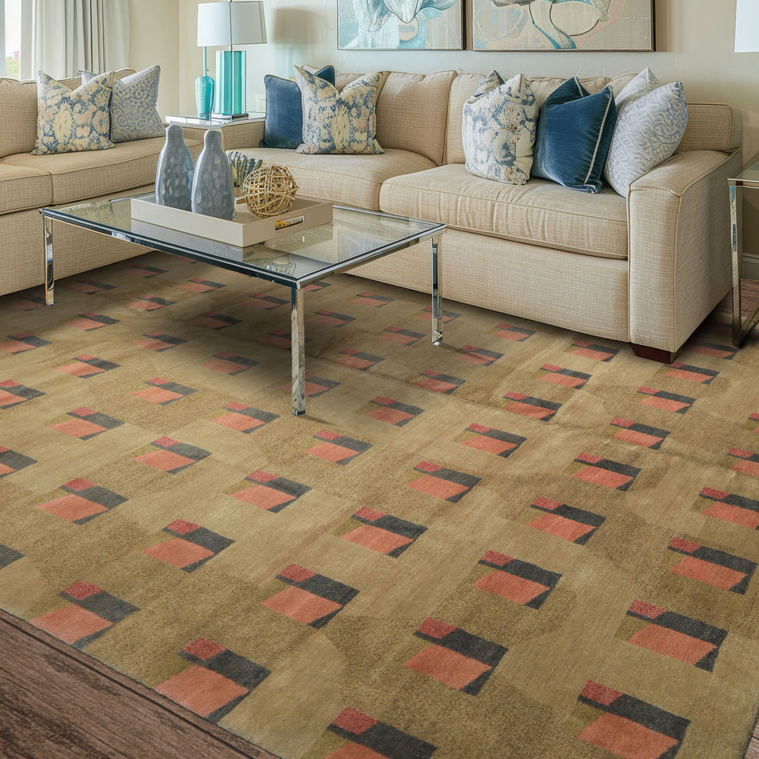 8x10 Moss, Blush, Gray Color Hand Knotted Tibetan Wool & Silk Modern & Contemporary Oriental Rug