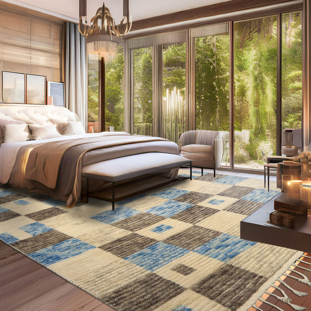 8x10 Ivory, Blue, Brown Color Hand Knotted Moroccan Wool Modern & Contemporary Oriental Rug