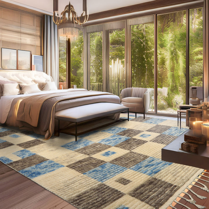 8x10 Ivory, Blue, Brown Color Hand Knotted Moroccan Wool Modern & Contemporary Oriental Rug