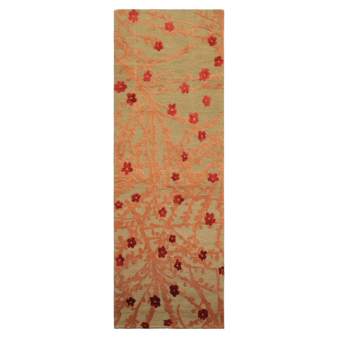 Runner Mint, Peach, Red Color Hand Knotted Tibetan Wool & Silk Transitional Oriental Rug
