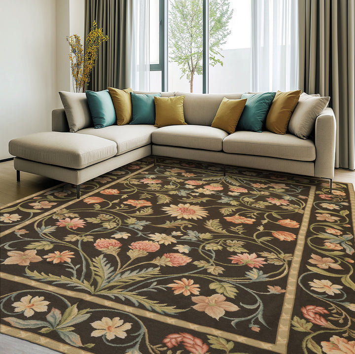 6x9 Brown, Green, Blush Color Hand Woven Needlepoint Wool Traditional Oriental Rug