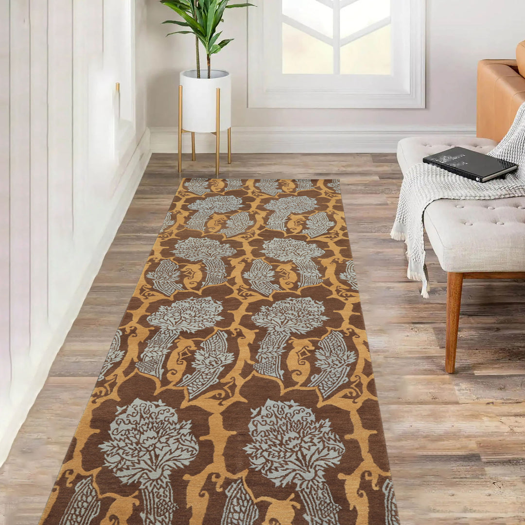 Runner Brown, Gold, Aqua Color Hand Knotted Tibetan Wool Arts & Crafts Oriental Rug