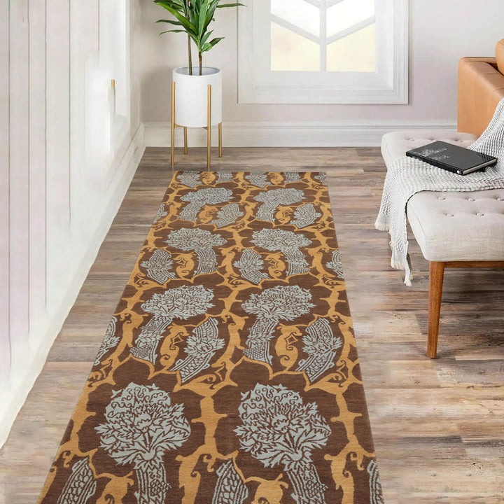 Runner Brown, Gold, Aqua Color Hand Knotted Tibetan Wool Arts & Crafts Oriental Rug