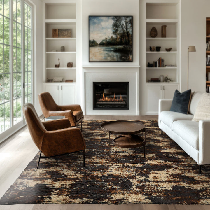 8x10 Ivory, Chocolate, Aubergine Color Hand Knotted Moroccan Shag Wool Modern & Contemporary Oriental Rug