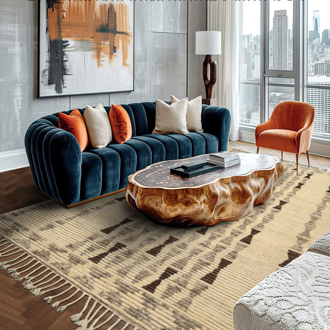 8x10 Ivory, Taupe, Chocolate Color Hand Knotted Moroccan Wool Modern & Contemporary Oriental Rug