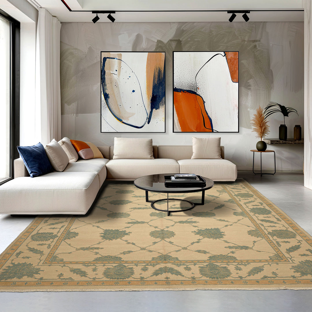 8x10 Ivory, Aqua, Light Gold Color Hand Knotted Nourison Nourmak Soumak Wool & Silk Transitional Oriental Rug