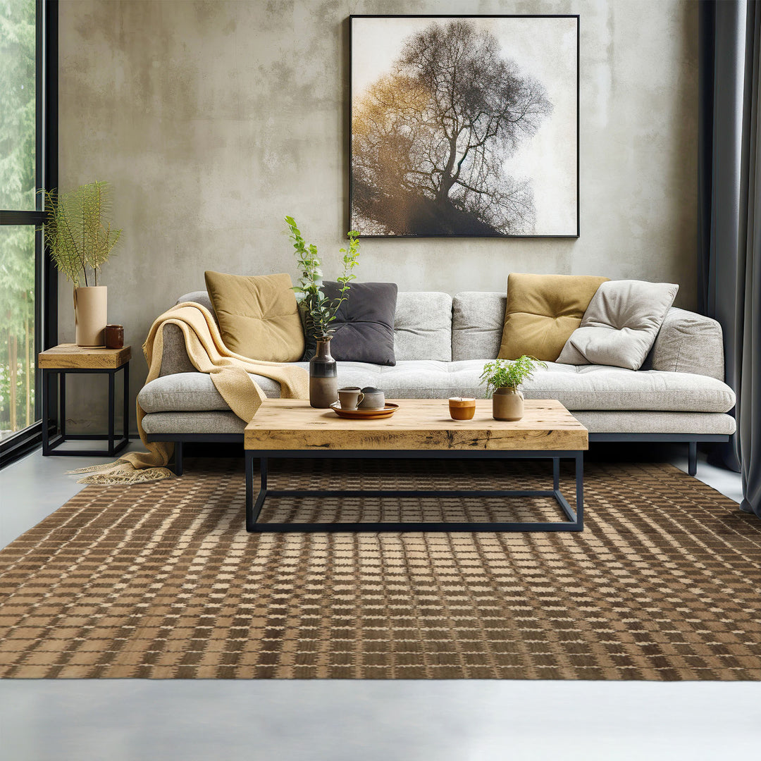 7x8 Ivory, Moss, Brown Color Hand Knotted Tibetan Wool Modern & Contemporary Oriental Rug