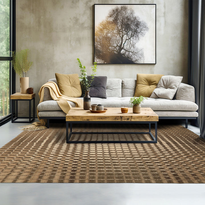 7x8 Ivory, Moss, Brown Color Hand Knotted Tibetan Wool Modern & Contemporary Oriental Rug