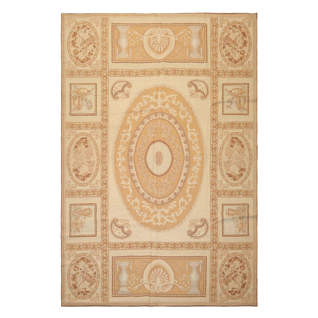 6x9 Beige, Tan, Brown Color Hand Woven Needlepoint Wool Traditional Oriental Rug