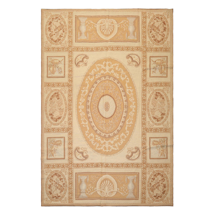 6x9 Beige, Tan, Brown Color Hand Woven Needlepoint Wool Traditional Oriental Rug