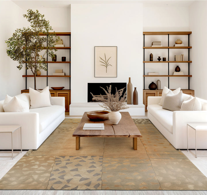 6x9 Beige, Gray, Gold Color Hand Knotted Tibetan Wool & Silk Modern & Contemporary Oriental Rug