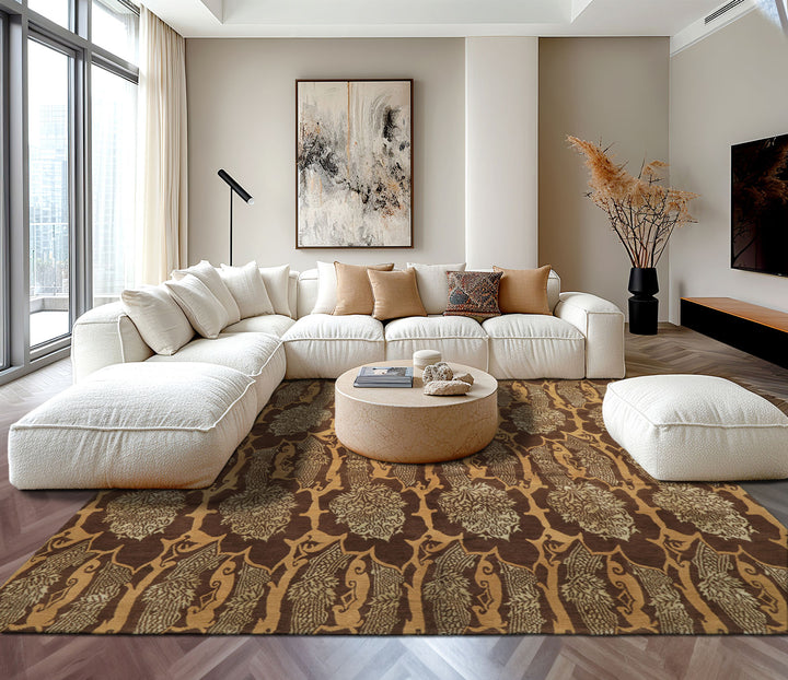 8x10 Brown, Gold, Celadon Color Hand Knotted Tibetan Wool & Silk Transitional Oriental Rug