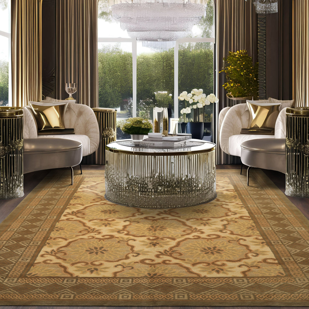 6x9 Beige, Moss, Brown Color Hand Knotted Tibetan Wool & Silk Transitional Oriental Rug