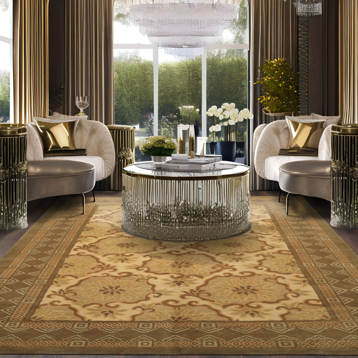 6x9 Beige, Moss, Brown Color Hand Knotted Tibetan Wool & Silk Transitional Oriental Rug