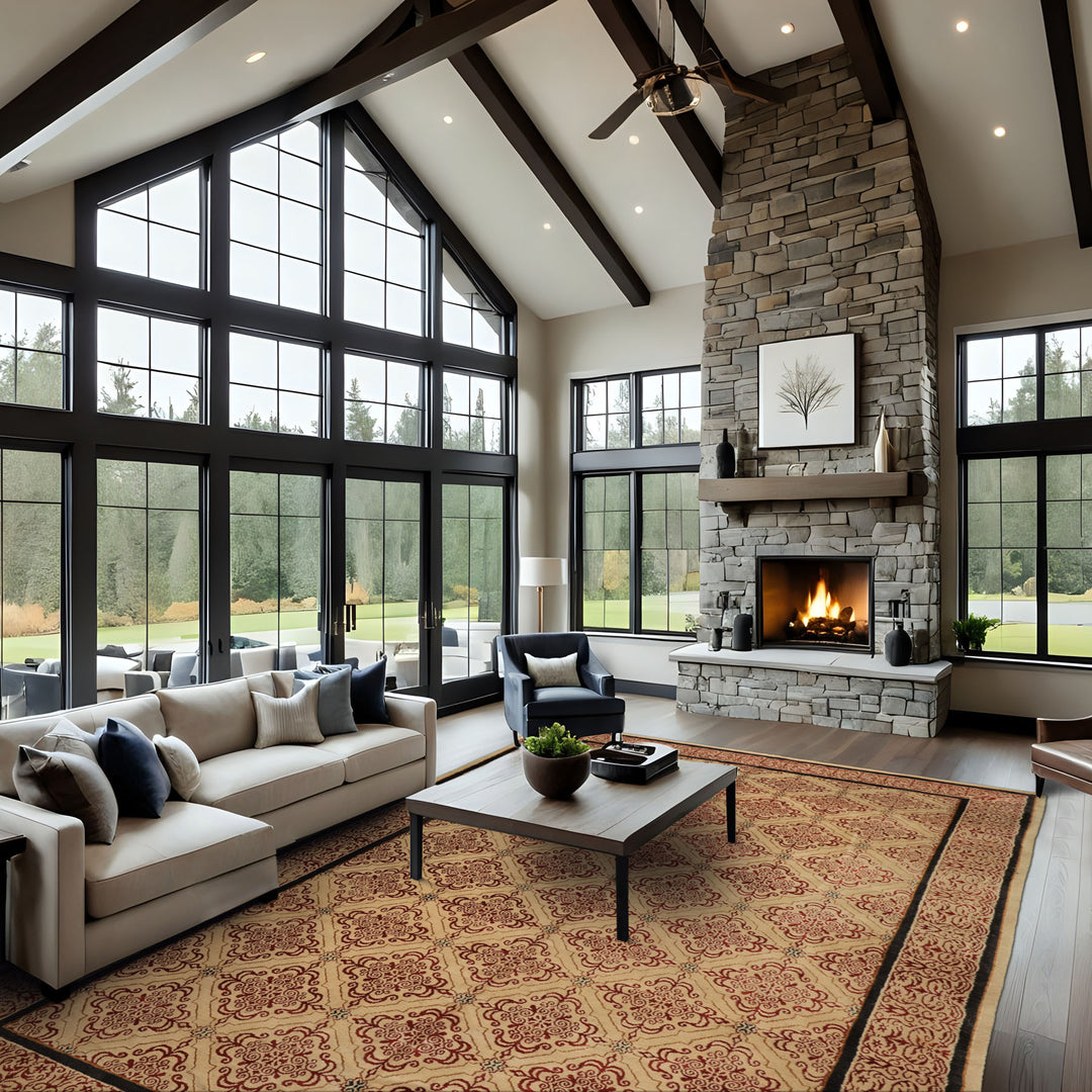 8x12 Beige, Burgundy, Charcoal Color Hand Knotted Tibetan Wool & Silk Transitional Oriental Rug