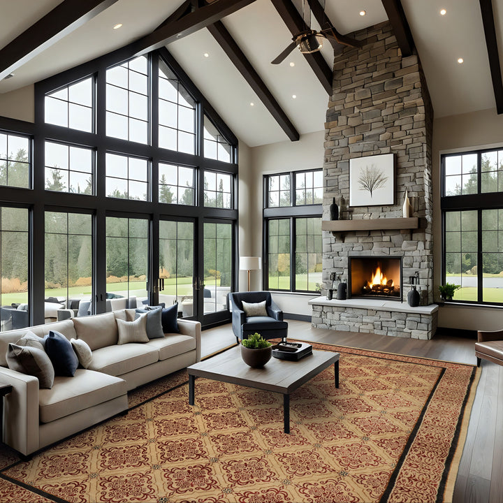 8x12 Beige, Burgundy, Charcoal Color Hand Knotted Tibetan Wool & Silk Transitional Oriental Rug