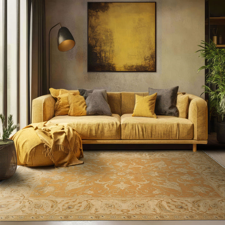 8x9 Gold, Beige, Ivory Color Hand Knotted Agra Wool Traditional Oriental Rug