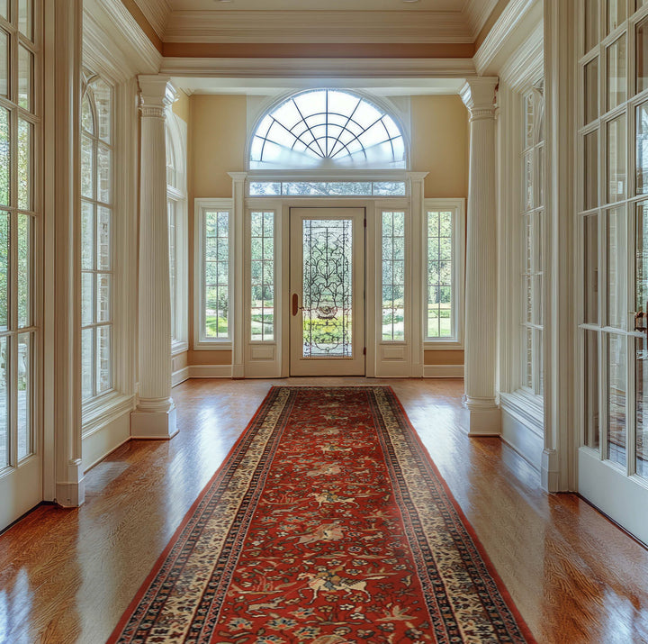 Runner Burnt Orange, Ivory, Navy Color Hand Knotted Kashan Wool Traditional Oriental Rug