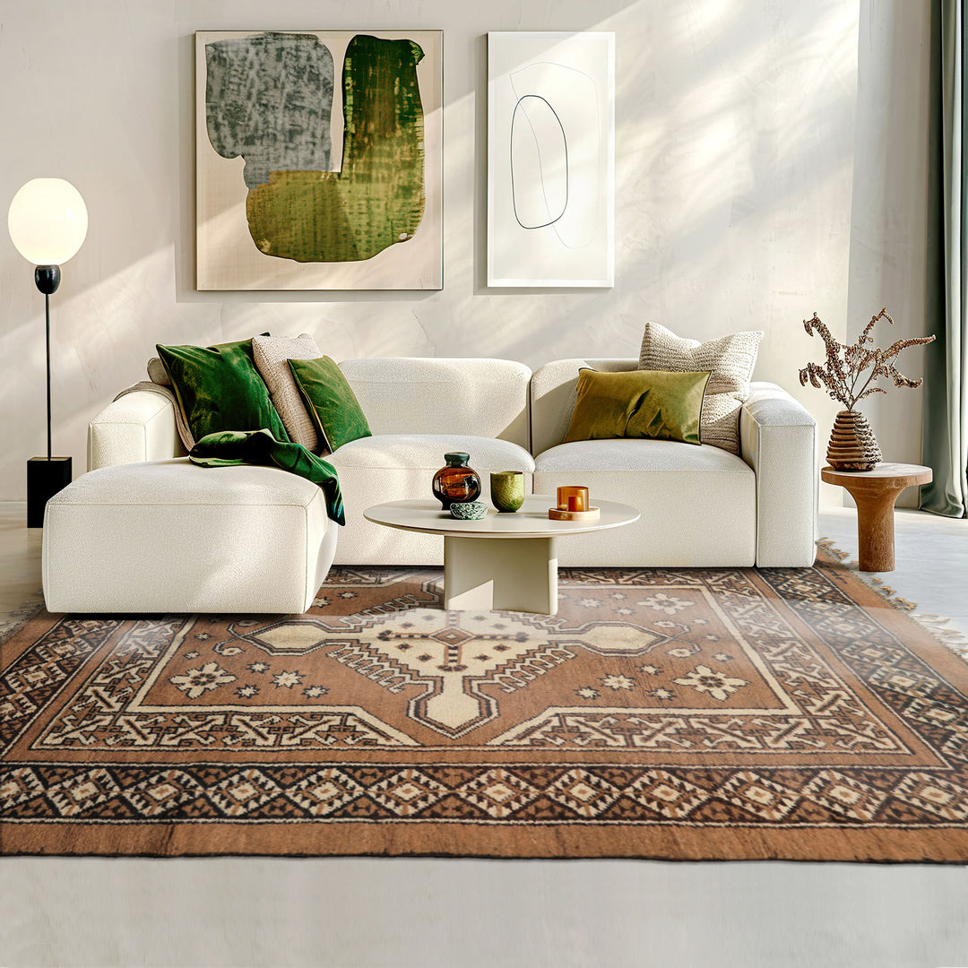 6x9 Mocha, Charcoal, Ivory Color Hand Knotted Moroccan Wool Traditional Oriental Rug