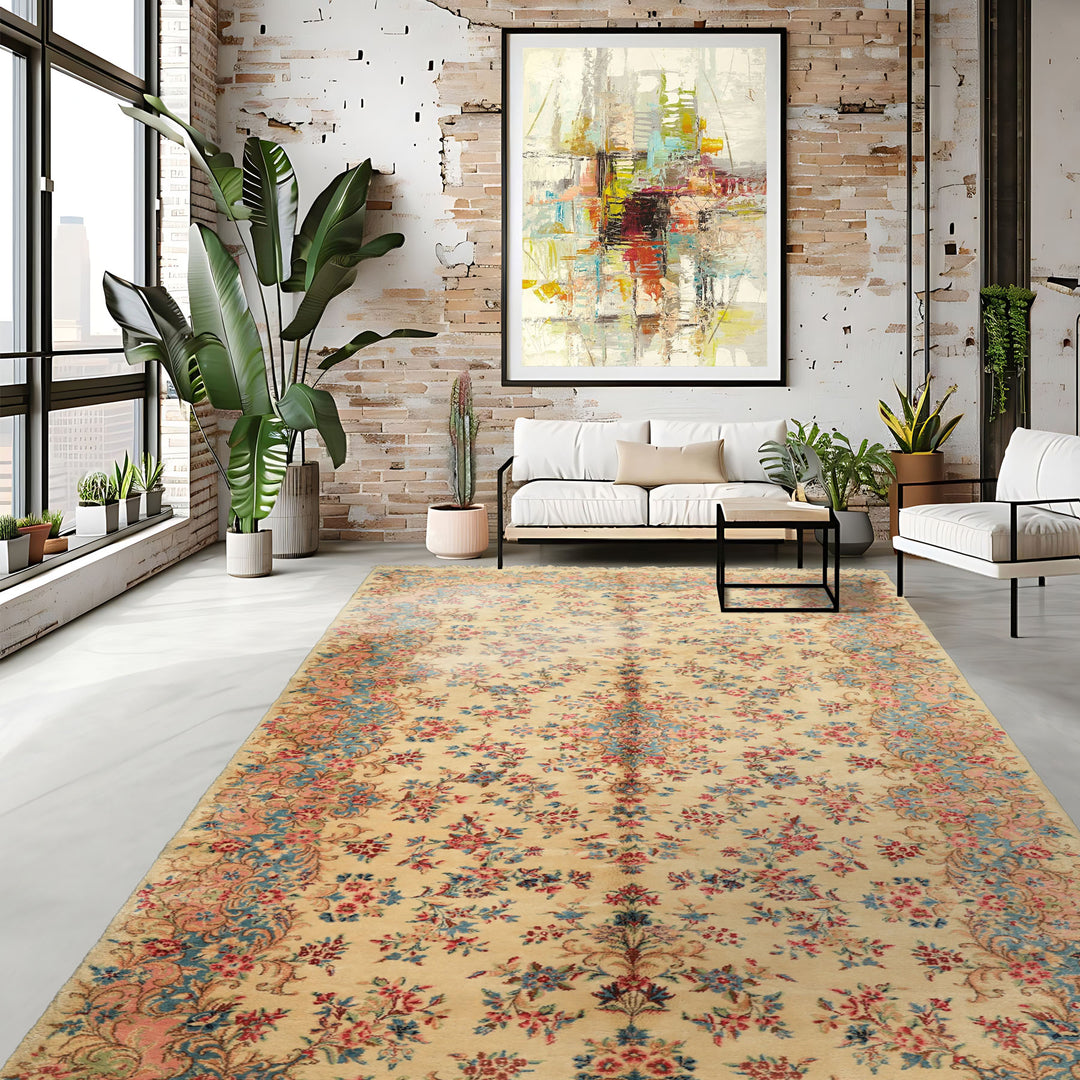 Runner Ivory, Aqua, Blush Color Hand Knotted Kerman Wool Modern & Contemporary Oriental Rug