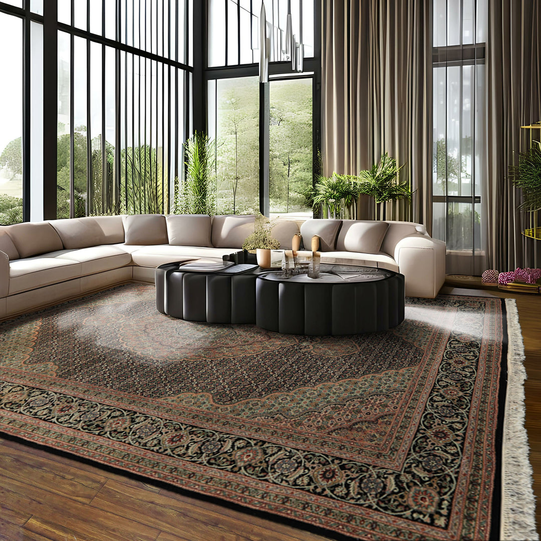 6x9 Black, Blush, Green Color Hand Knotted Tabriz Wool & Silk Traditional Oriental Rug