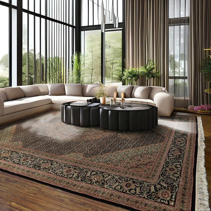 6x9 Black, Blush, Green Color Hand Knotted Tabriz Wool & Silk Traditional Oriental Rug