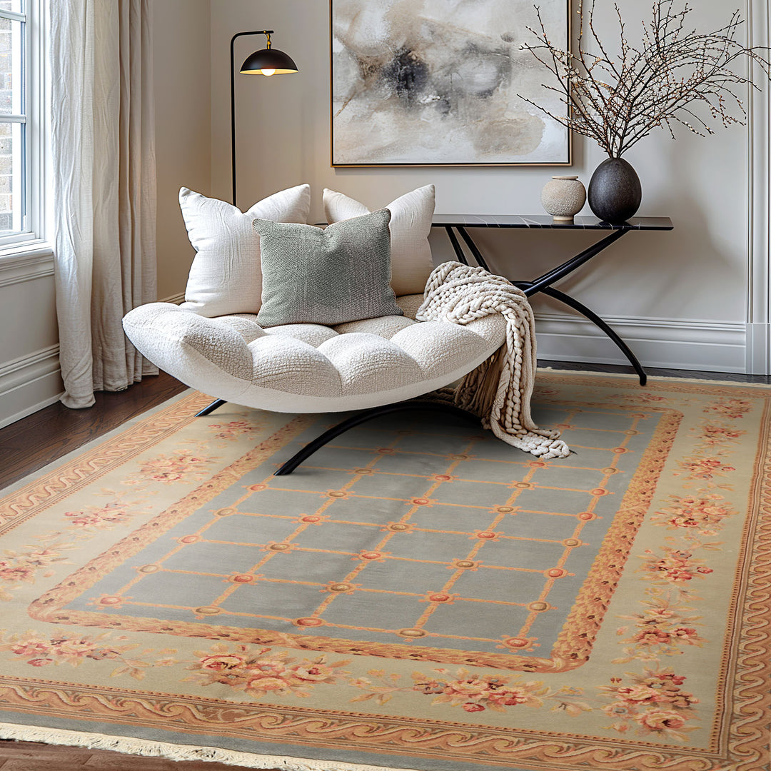 6x9 Aqua, Mint, Tan Color Hand Knotted French Aubusson Savonerrie Wool & Silk Traditional Oriental Rug