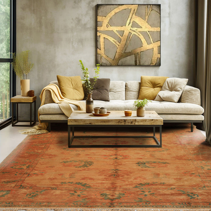 8x9 Beige, Gold, Aqua Color Hand Knotted Oushak Wool Arts & Crafts Oriental Rug