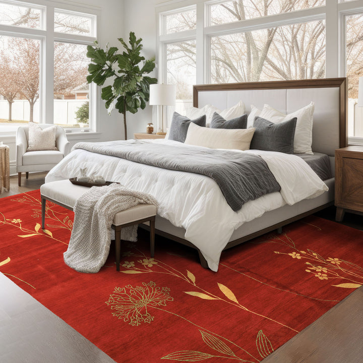 8x10 Red, Orange, Undertone Gold Color Hand Knotted Tibetan Wool & Silk Transitional Oriental Rug