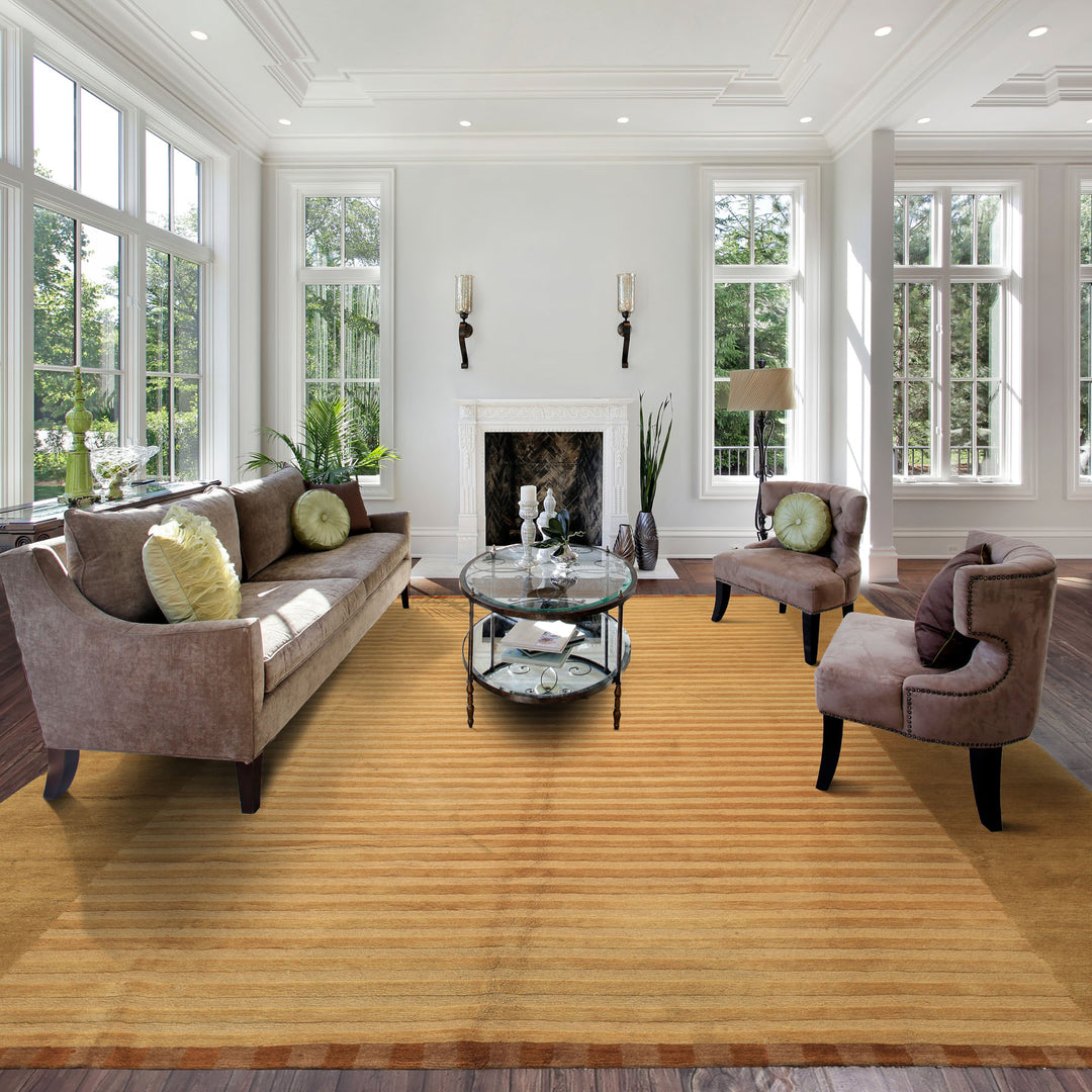 8x9 Khaki, Light Gold, Brown Color Hand Knotted Tibetan Wool Transitional Oriental Rug