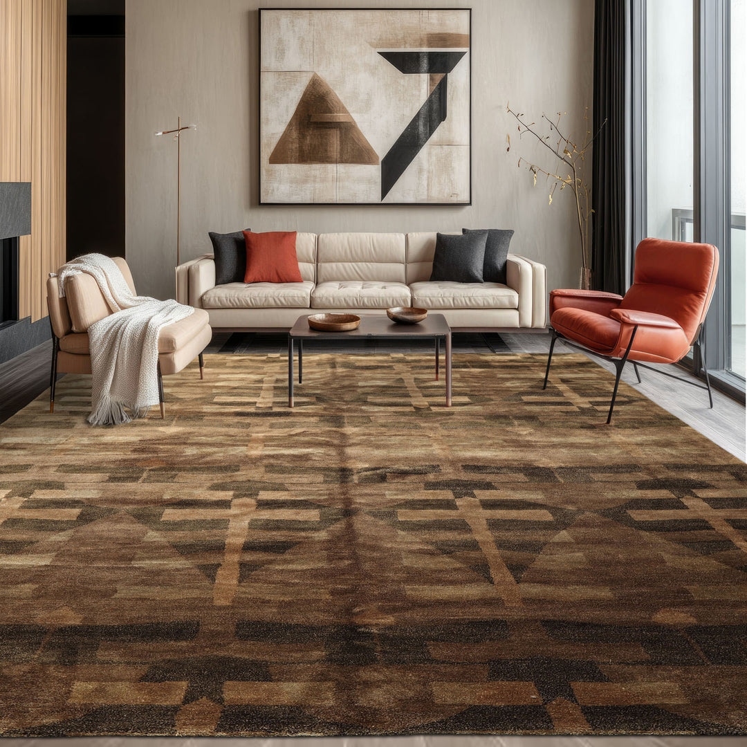 8x10 Moss, Brown, Beige Color Hand Knotted Tibetan Wool & Silk Modern & Contemporary Oriental Rug