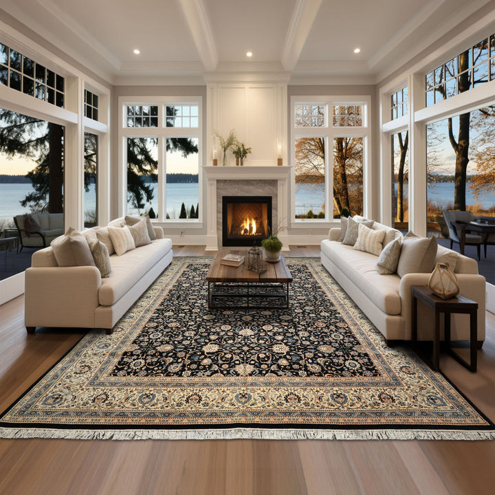 OverSize Black, Ivory, Blue Color Hand Knotted Pak Persian Wool Traditional Oriental Rug