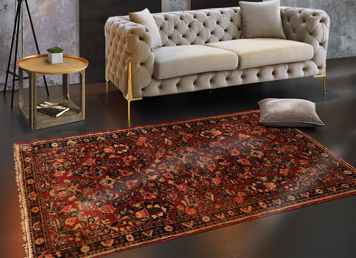 3x5 Red, Midnight Blue, Gold Color Hand Knotted Sarouk Wool Traditional Oriental Rug