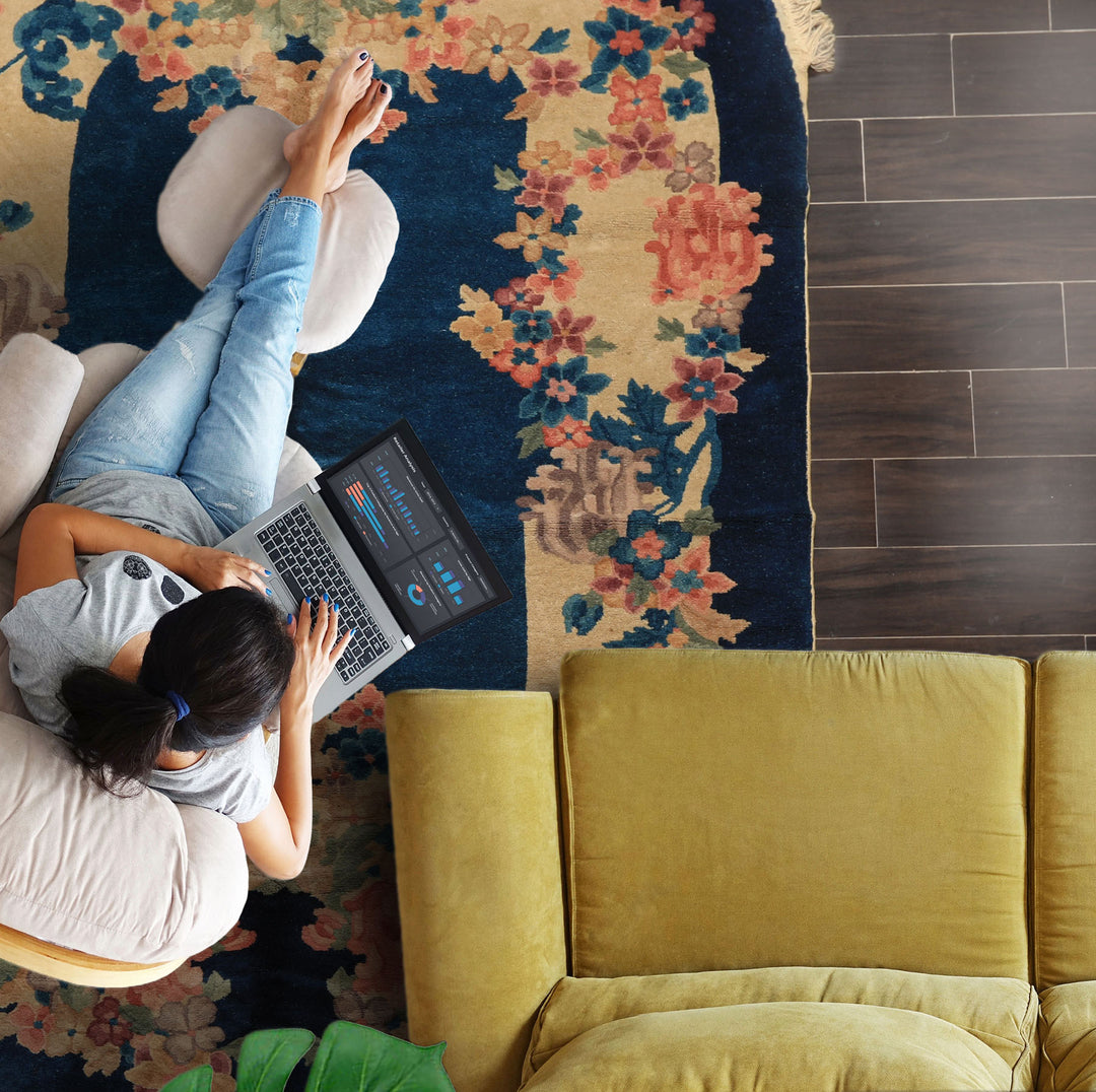 5x8 Navy, Beige, Celadon Color Hand Knotted Chinese Art Deco Wool Traditional Oriental Rug