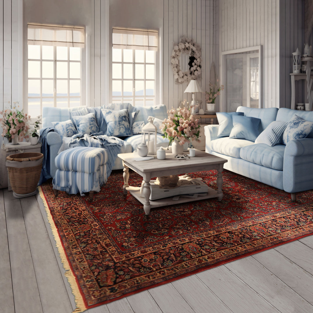 9x12 Burgundy, Navy, Ivory Color Machine Made Karastan Sarouk New Zealand Wool Traditional Oriental Rug