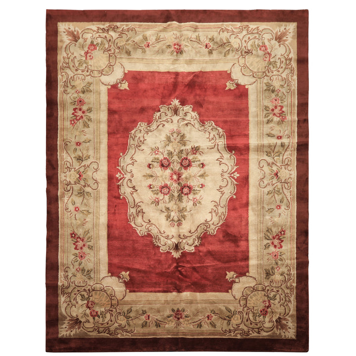 8x11 Burgundy, Sage, Brown Color Hand Knotted French Aubusson Savonerrie Wool Traditional Oriental Rug